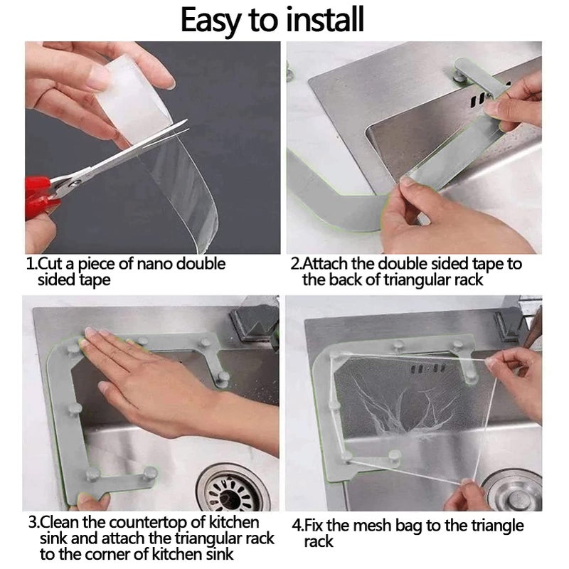 HiBD Kitchen Sink Triangle Tri-Holder Filter, Kitchen Sink Strainer, Sink Drain Strainer, with a Triangular Gray Rack and 200PCS Large Size Filtering Mesh Bags for Kitchen Leftover - Image 3